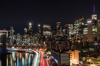 Skyline with red traffic lights