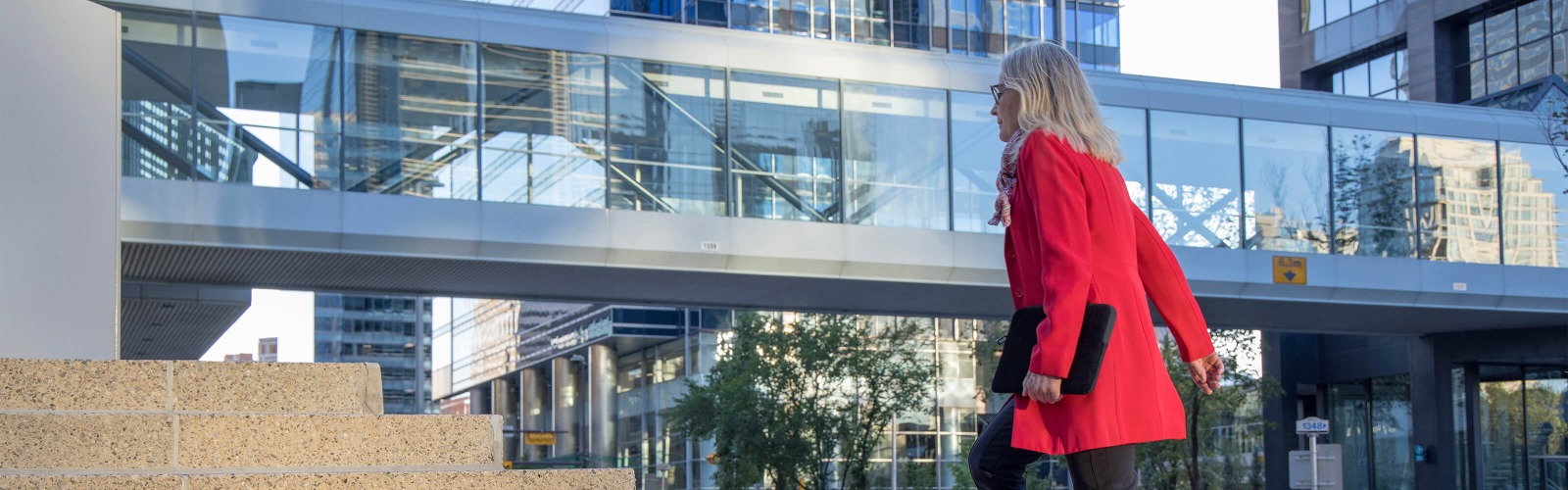person walking up steps